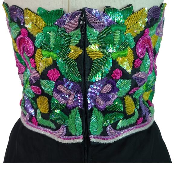 Victor Costa Vintage Black Green Pink Beaded Strapless Evening Dress Gown 10 - Picture 6 of 11